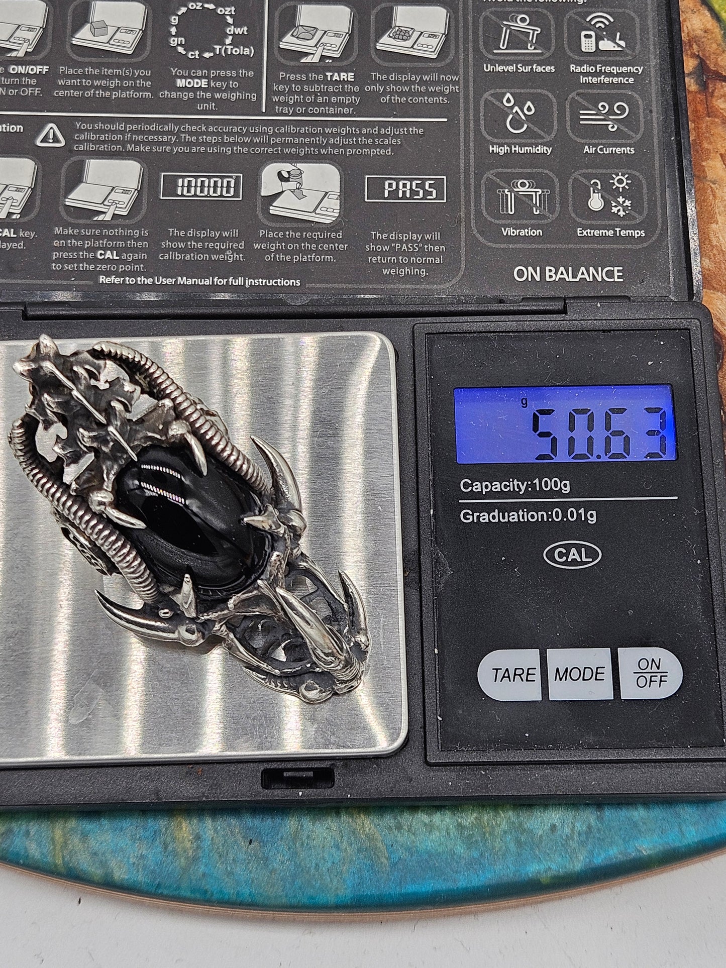 BIOMECHANICAL SILVER 925 ARMOUR RING. GOTHIC, BLACK ONYX STONE. UK Size W 1/2