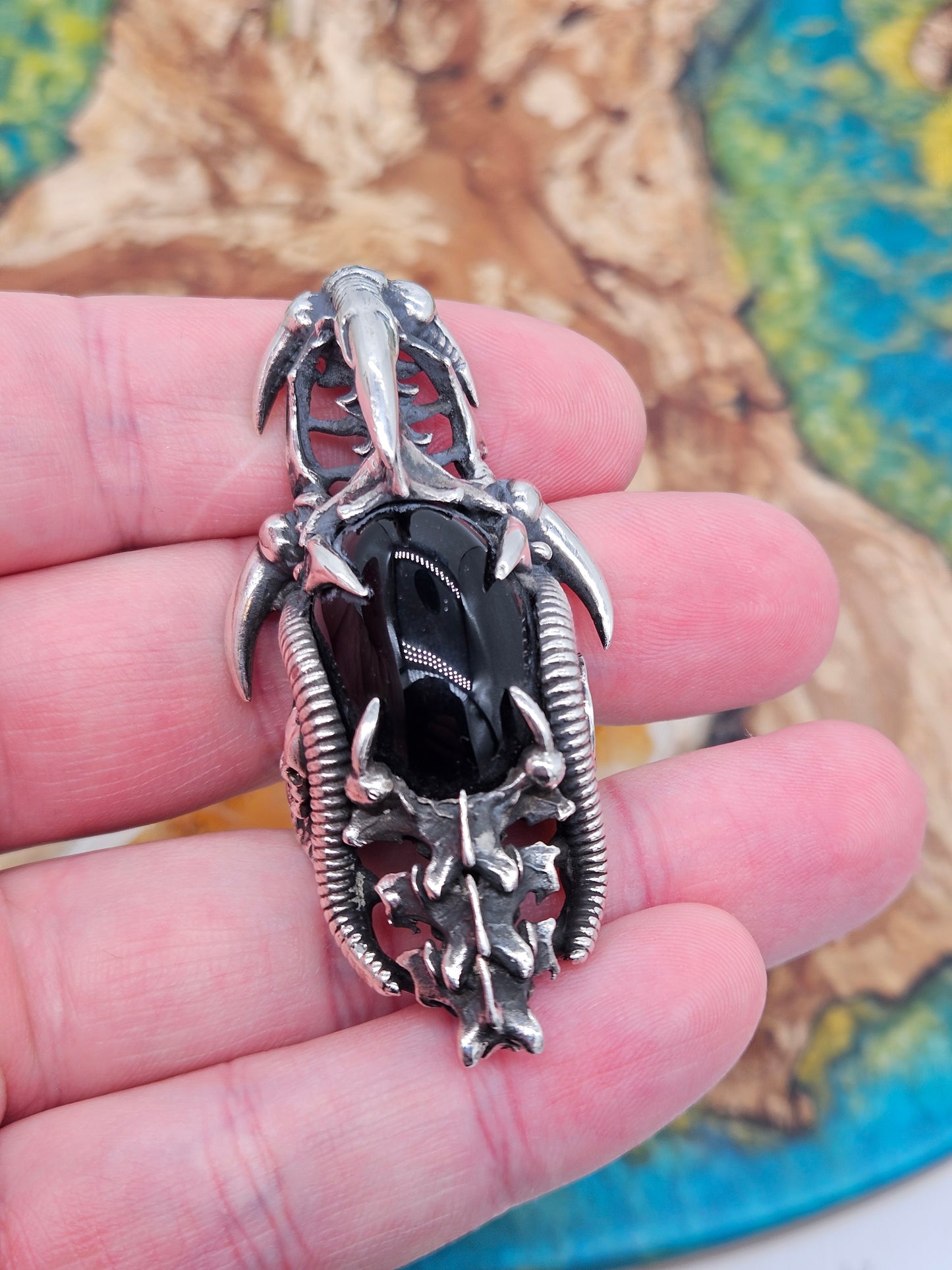 BIOMECHANICAL SILVER 925 ARMOUR RING. GOTHIC, BLACK ONYX STONE. UK Size W 1/2