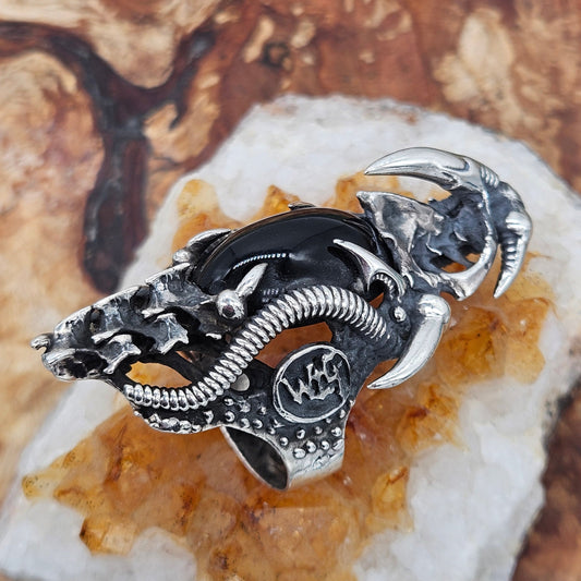 BIOMECHANICAL SILVER 925 ARMOUR RING. GOTHIC, BLACK ONYX STONE. UK Size W 1/2