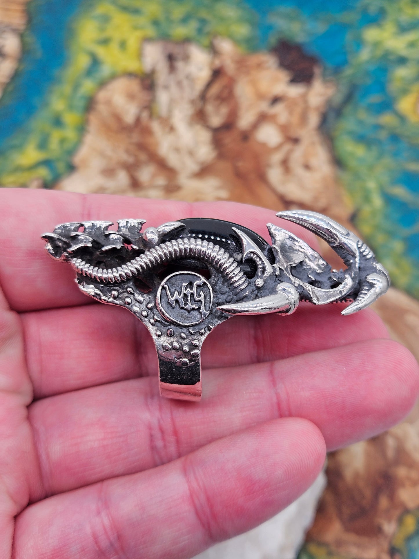 BIOMECHANICAL SILVER 925 ARMOUR RING. GOTHIC, BLACK ONYX STONE. UK Size W 1/2