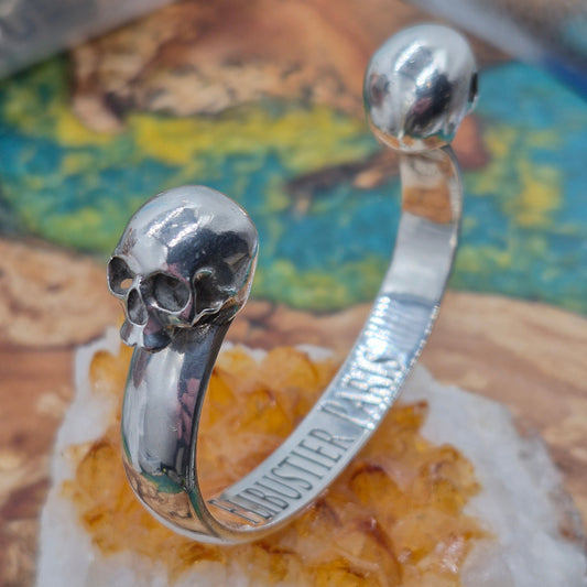 Heavy 925 Sterling Silver Mens Twin Skull Head Torque Bangle Flibustier Paris
