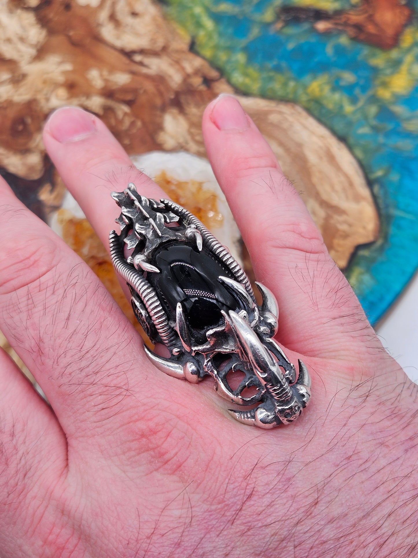 BIOMECHANICAL SILVER 925 ARMOUR RING. GOTHIC, BLACK ONYX STONE. UK Size W 1/2