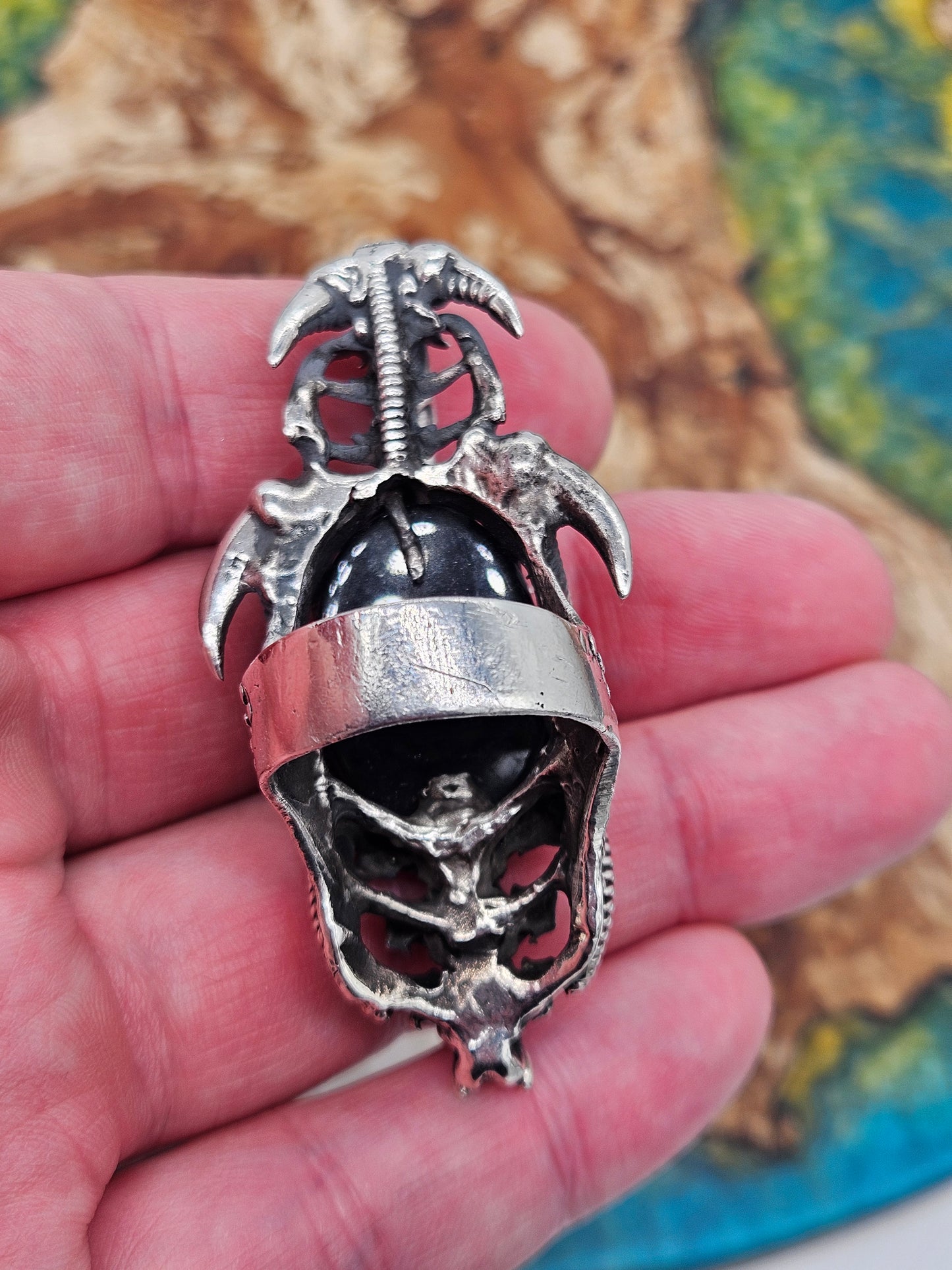 BIOMECHANICAL SILVER 925 ARMOUR RING. GOTHIC, BLACK ONYX STONE. UK Size W 1/2