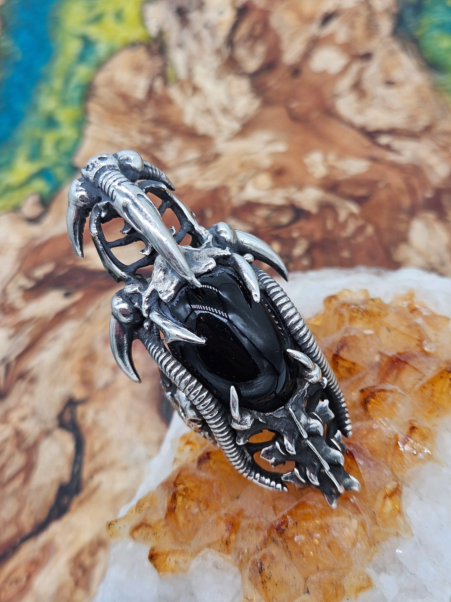 BIOMECHANICAL SILVER 925 ARMOUR RING. GOTHIC, BLACK ONYX STONE. UK Size W 1/2