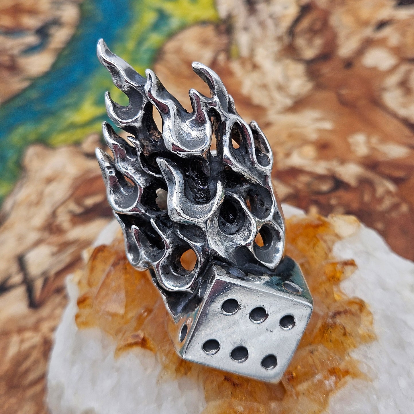 Huge Flaming Dice Ring - 89 Grams, UK Size Z+7