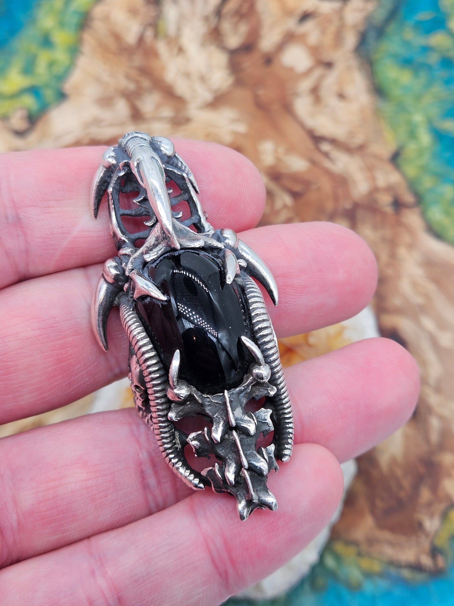 BIOMECHANICAL SILVER 925 ARMOUR RING. GOTHIC, BLACK ONYX STONE. UK Size W 1/2