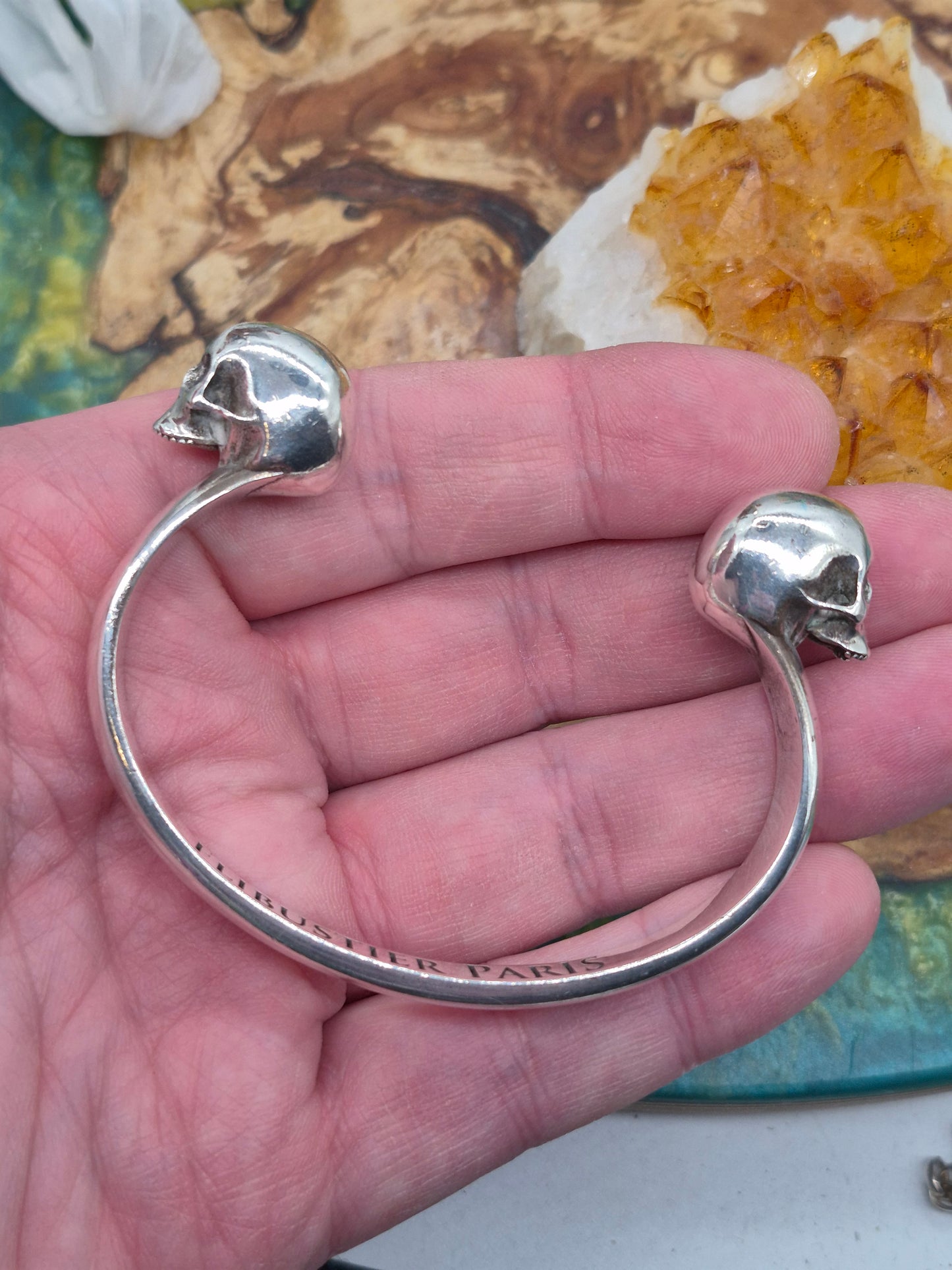 Heavy 925 Sterling Silver Mens Twin Skull Head Torque Bangle Flibustier Paris