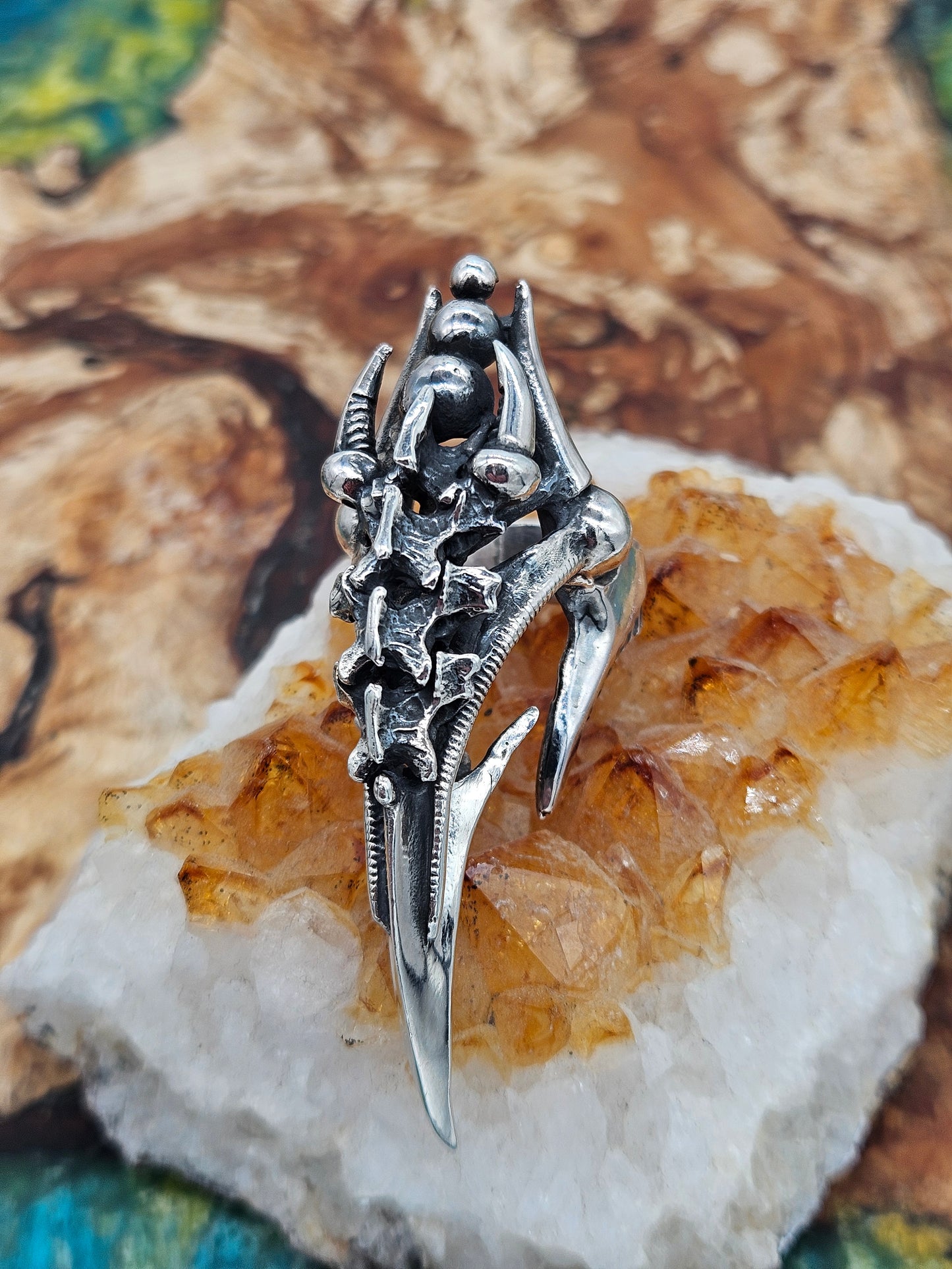 BIOMECHANICAL SILVER 925 CLAW RING. GOTHIC. UK Size T