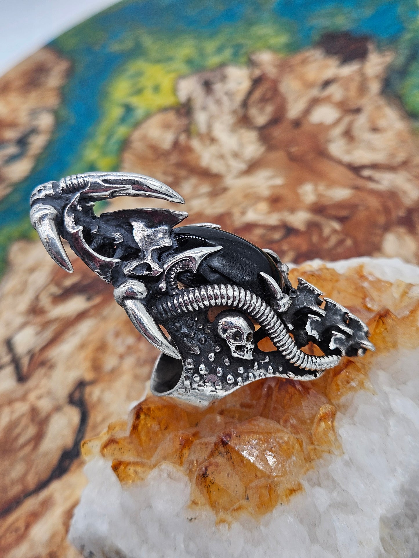 BIOMECHANICAL SILVER 925 ARMOUR RING. GOTHIC, BLACK ONYX STONE. UK Size W 1/2